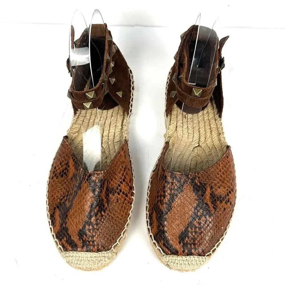 ASH Spain Rockstud Leather Suede Flat Espadrilles Brown Piton Print 37 US 6,5
